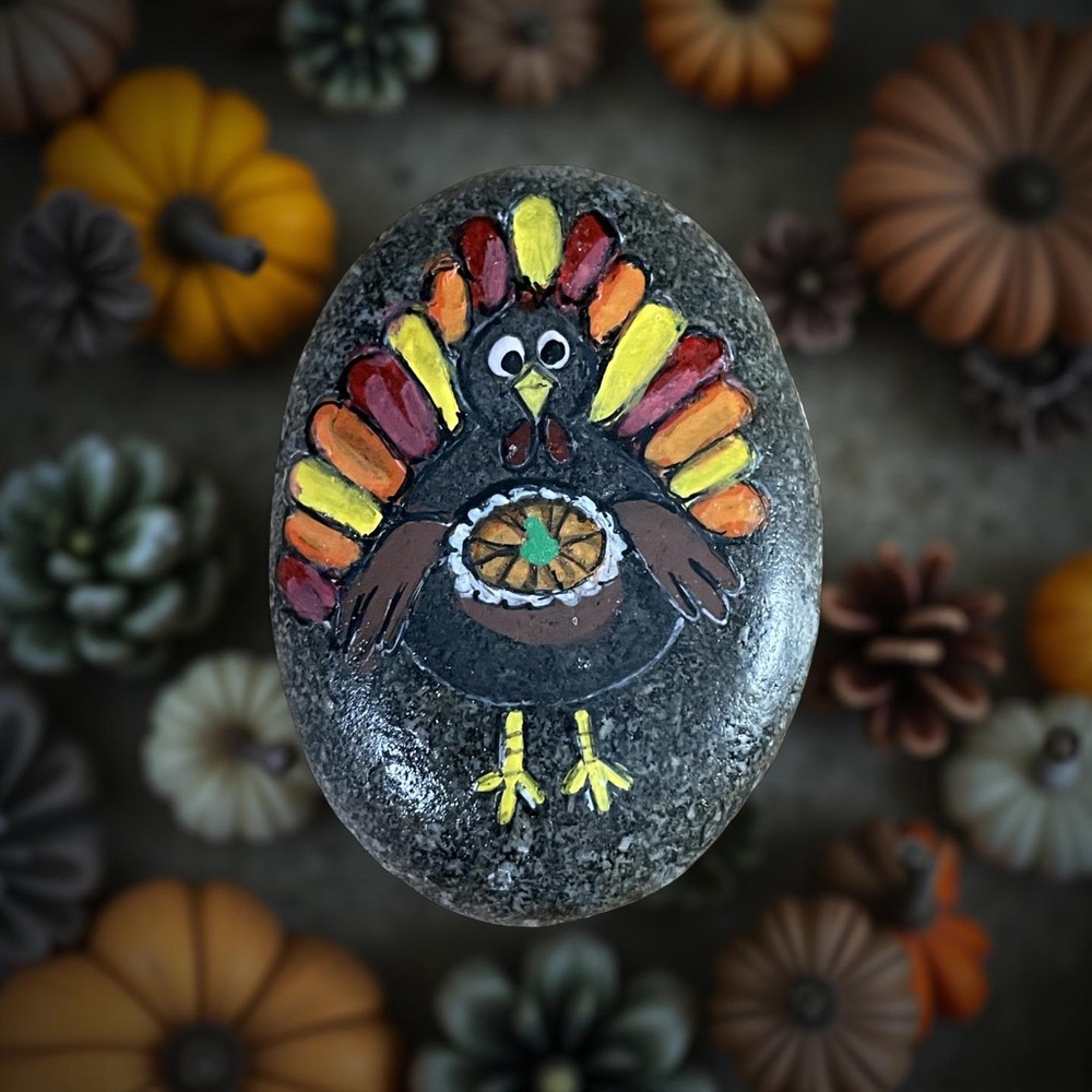 Hand crafted painted Thanksgiving turkey pumpkin pie rock natural stone orange - Picture 7 of 12